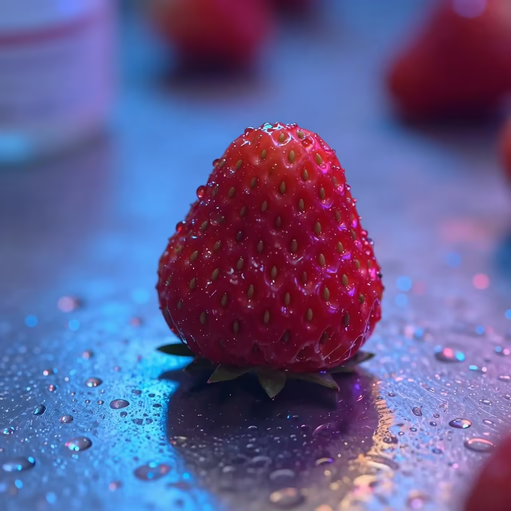 Macro Strawberry Seeds Neon Rain Guiyang in across a rain-beaded metal surface in Guiyang