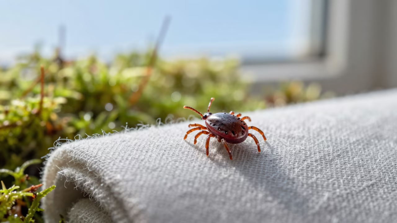 Macro Tick Embedded in Fabric Fibers in on dew-soaked moss in Catania