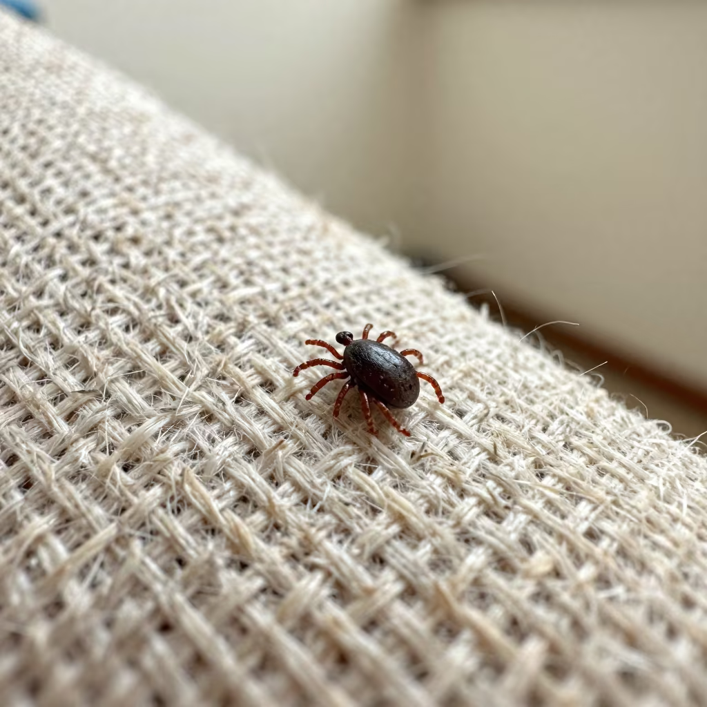 Macro Tick Embedded in Woven Linen Fibers in against woven linen fibers near Guiyang
