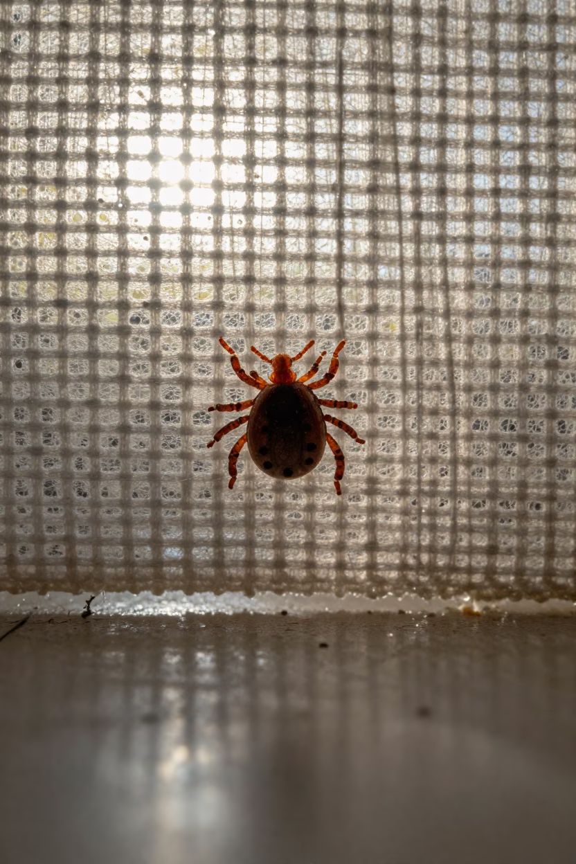 Macro Tick on Woven Linen in Early Spring in against woven linen fibers near Chengdu