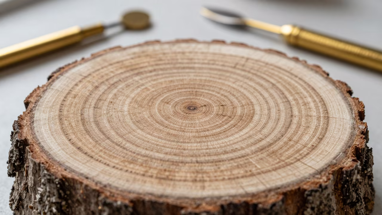 Macro Tree Ring Growth Fresh Cut Stump in inside a goldsmith workshop behind the market lane near Patna