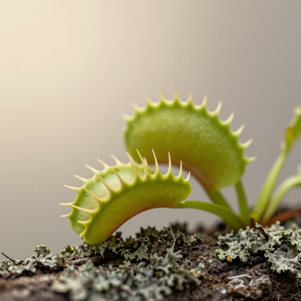 Macro Venus Flytrap Trigger Hairs Lichen Bark in on lichen-covered bark in Makassar