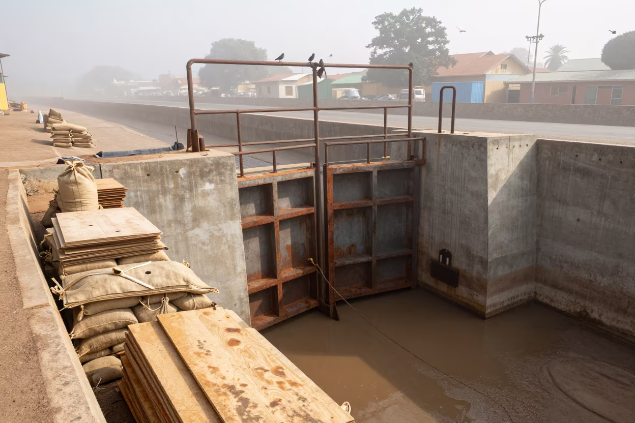 Madagascar Floodgate Levee Sandbags Plywood Mist in across a windy overpass interchange in Madagascar