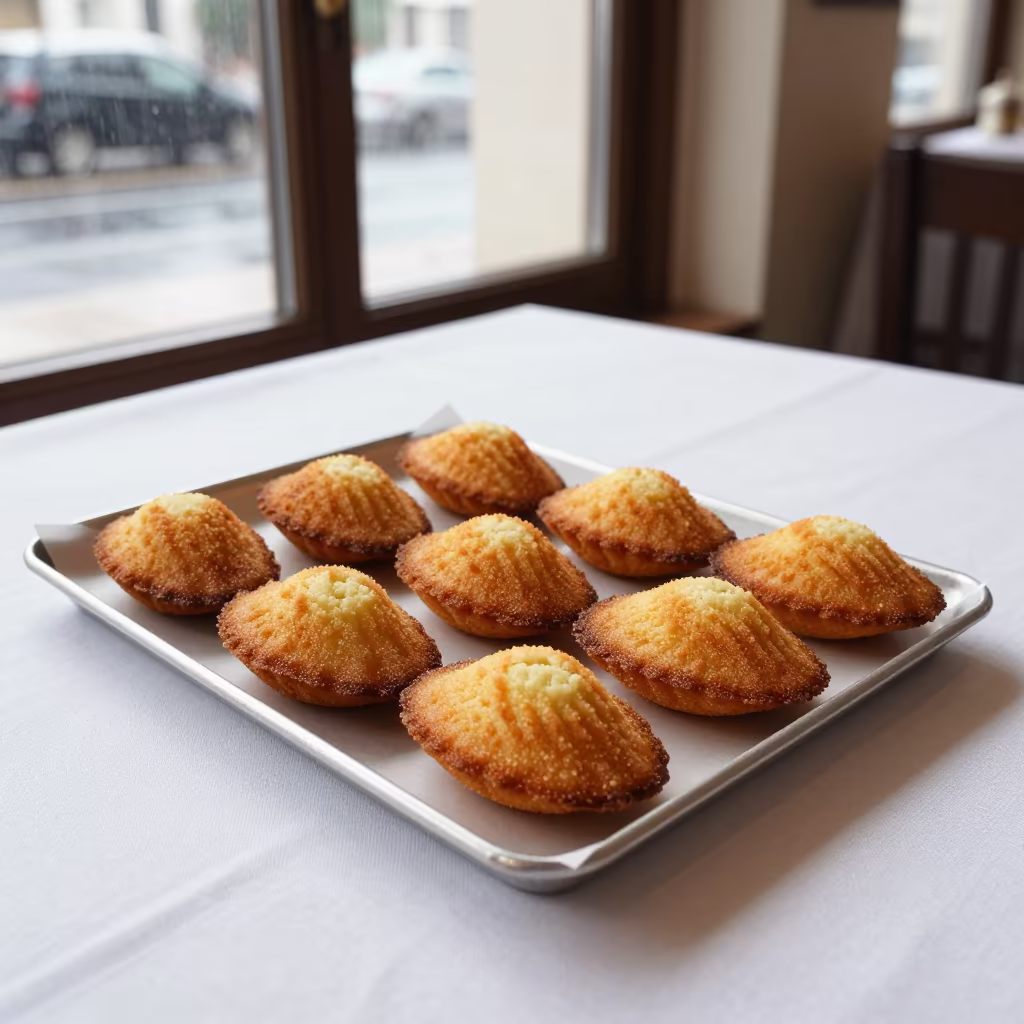 Madeleine Cakes on Parchment Table in on a linen-covered restaurant table in New Borg El Arab