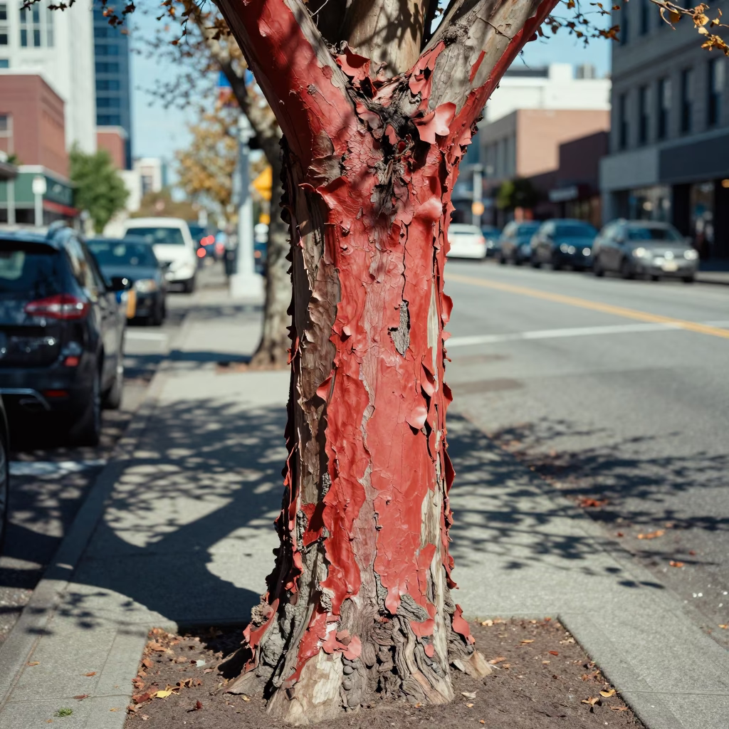 Madre Tree Bark Detail and Urban Street Scene in Seattle Washington Noon in in Seattle, Washington, United States