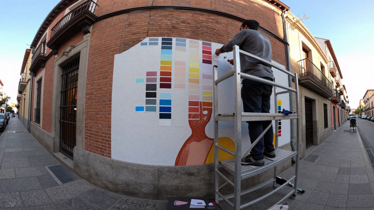 Madrid Afternoon Street Scene with Muralist Painting Sample Swatches on Scaffold Platform in in Madrid, Spain