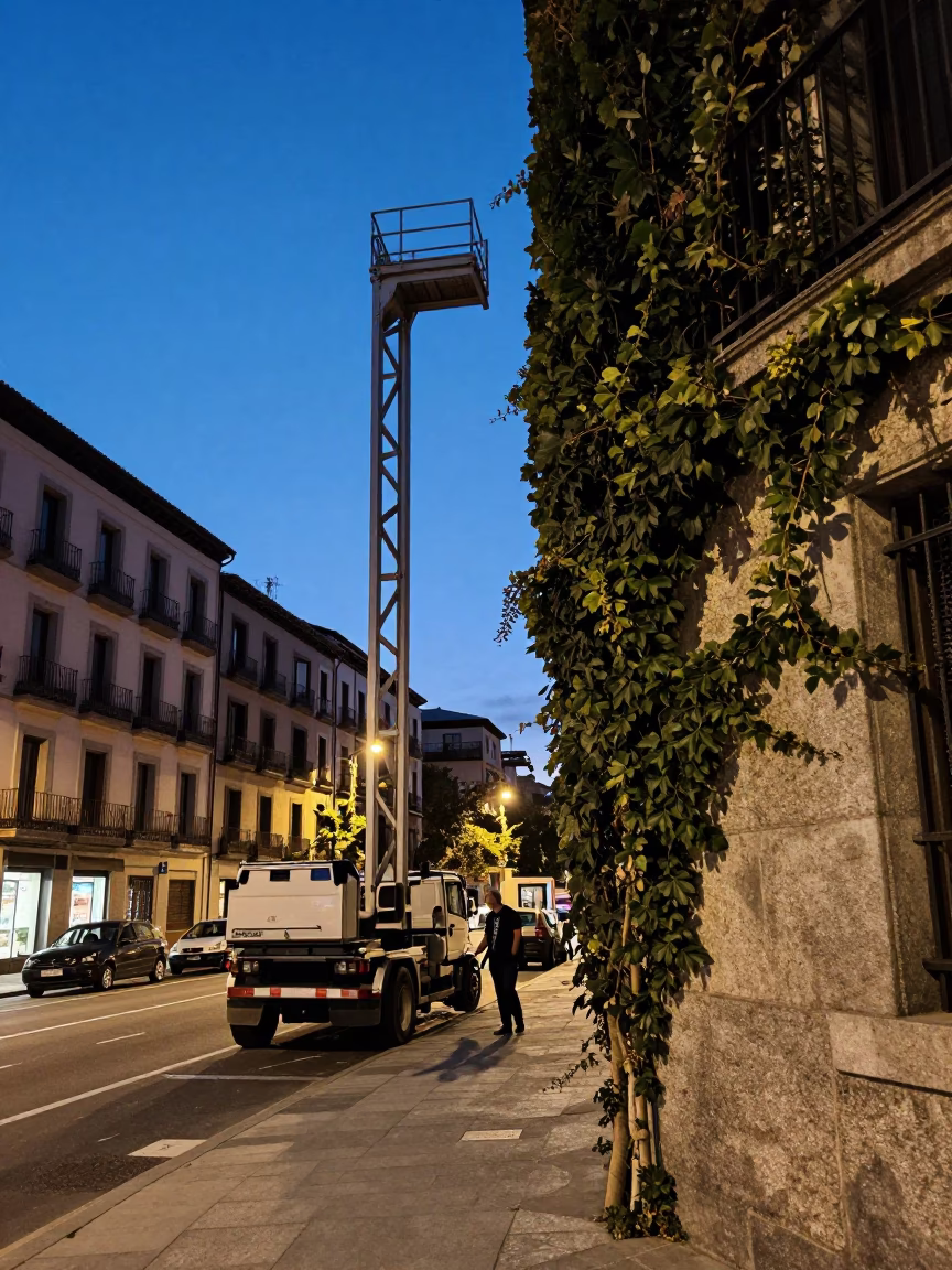 Madrid Blue Hour Street Scene with Bridge Maintenance Cradle and Ivy Vines in in Madrid, Spain