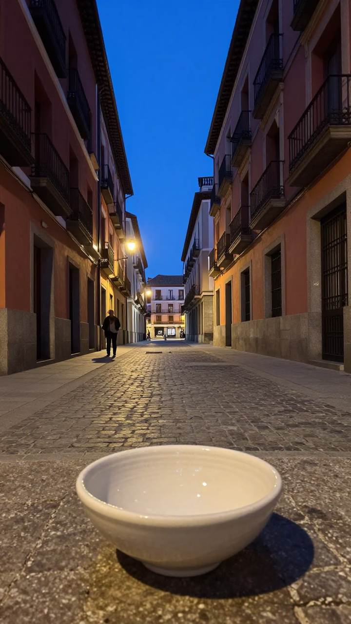 Madrid Blue Hour Street Scene with Ceramic Bowl and Cardigan Welsh Corgi in in Madrid, Spain