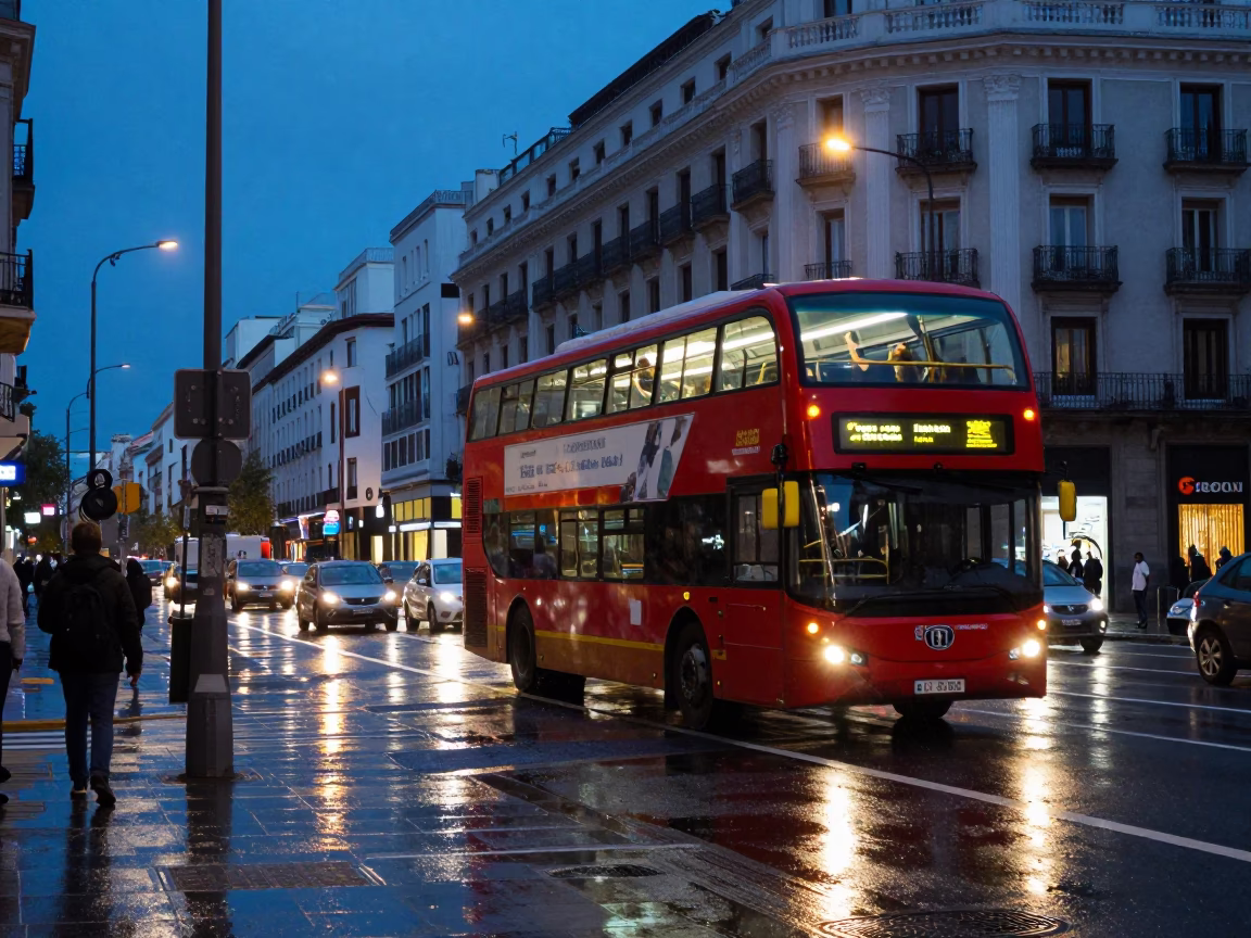Madrid Blue Hour Street Scene With Double Decker Bus At Rainy Stop in in Madrid, Spain