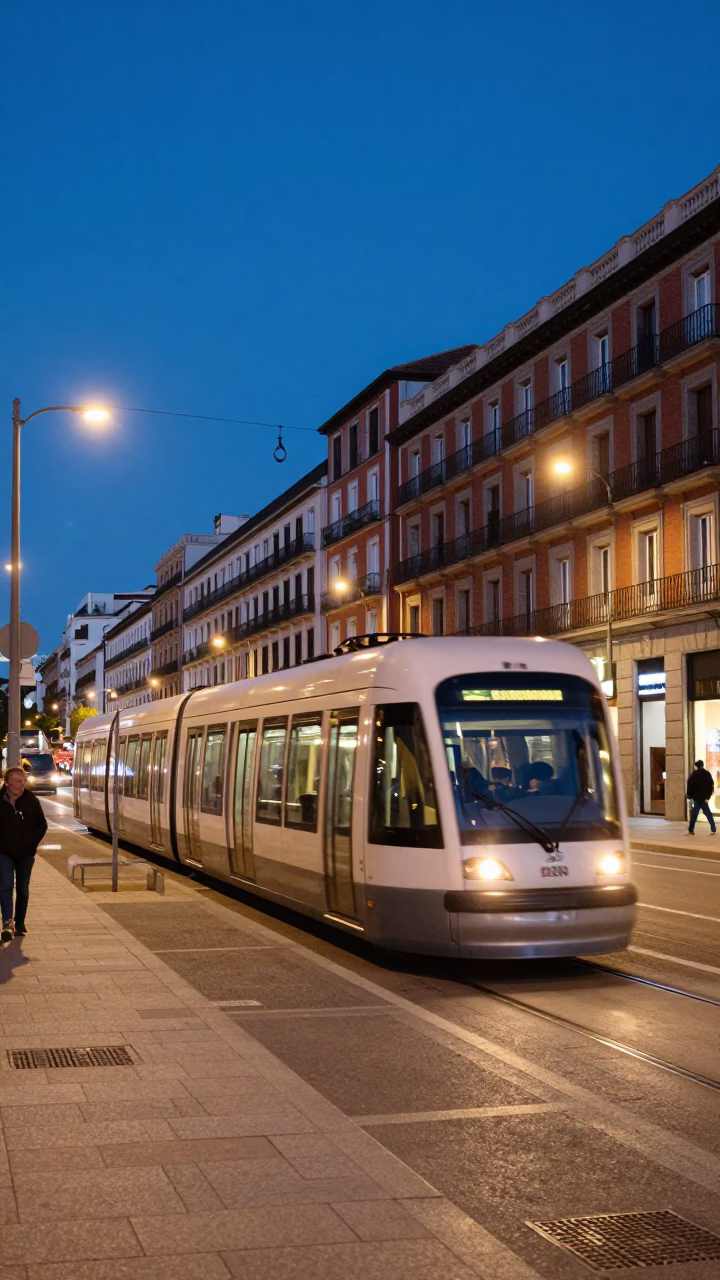 Madrid Blue Hour Street Scene with Monorail and City Lights in in Madrid, Spain