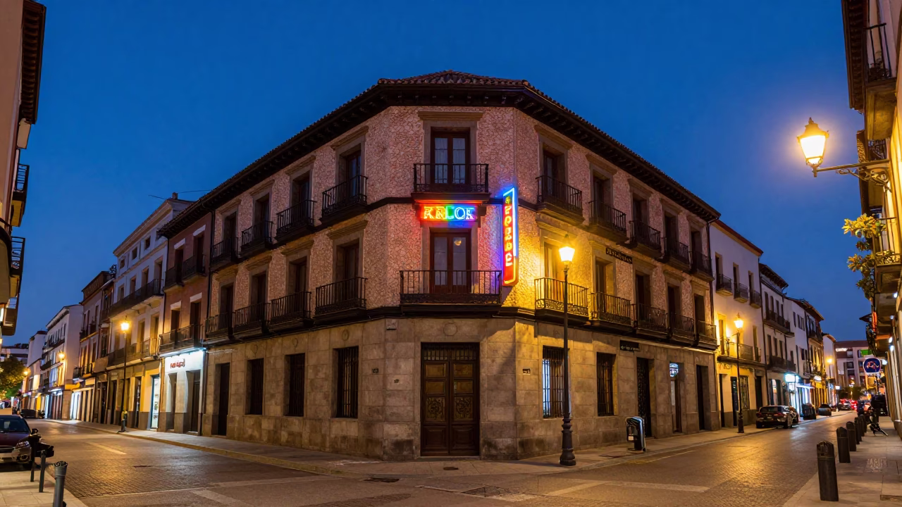 Madrid Blue Hour Street Scene with Neon Signs and Traditional Architecture in in Madrid, Spain