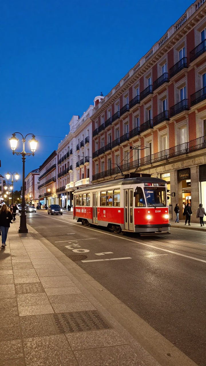 Madrid Blue Hour Street Scene with Tram and Lanterns in in Madrid, Spain