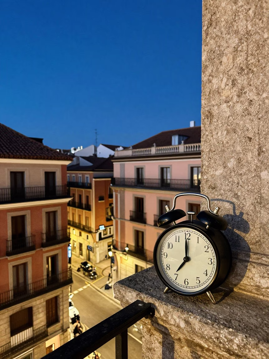 Madrid Blue Hour Street Scene with Vintage Alarm Clock on Stone Balcony in in Madrid, Spain