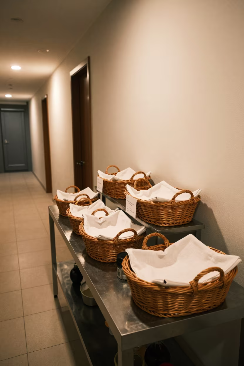 Madrid Breakfast Basket Station Night Light in inside a breakfast room before opening in Madrid