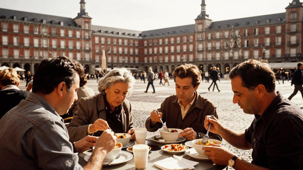 Madrid Busy Plaza at The Early Afternoon Light in in Madrid, Spain