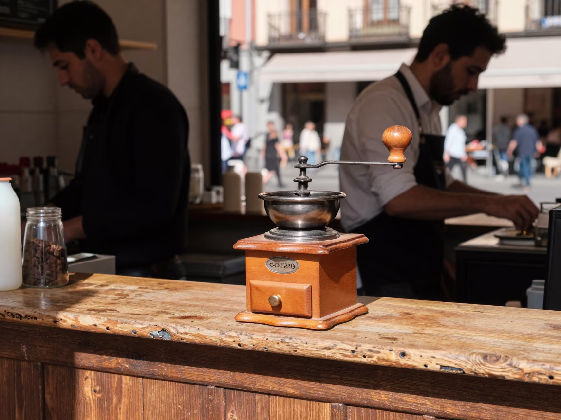 Madrid Cafe Street Scene with Vintage Coffee Grinder and Morning Light in in Madrid, Spain