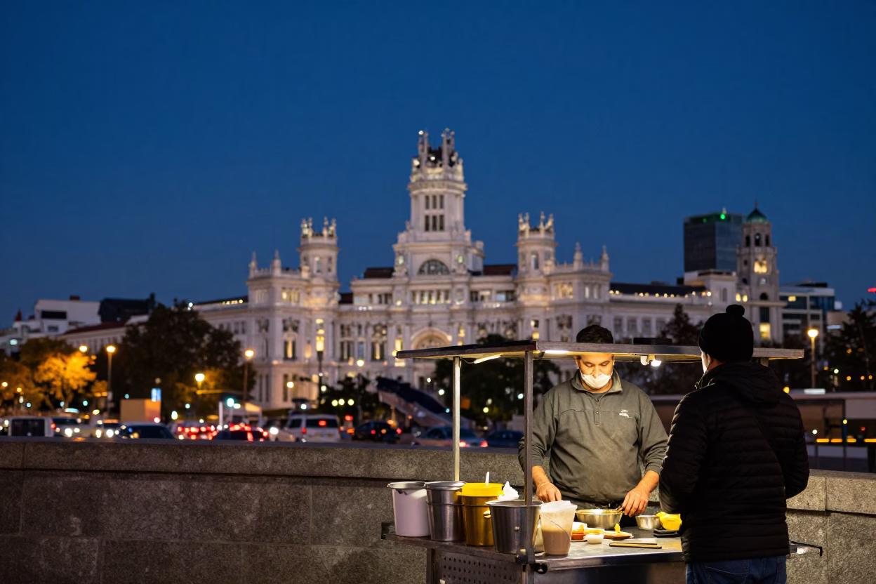 Madrid City Lights at Dusk with Street Food and String Lights in in Madrid, Spain