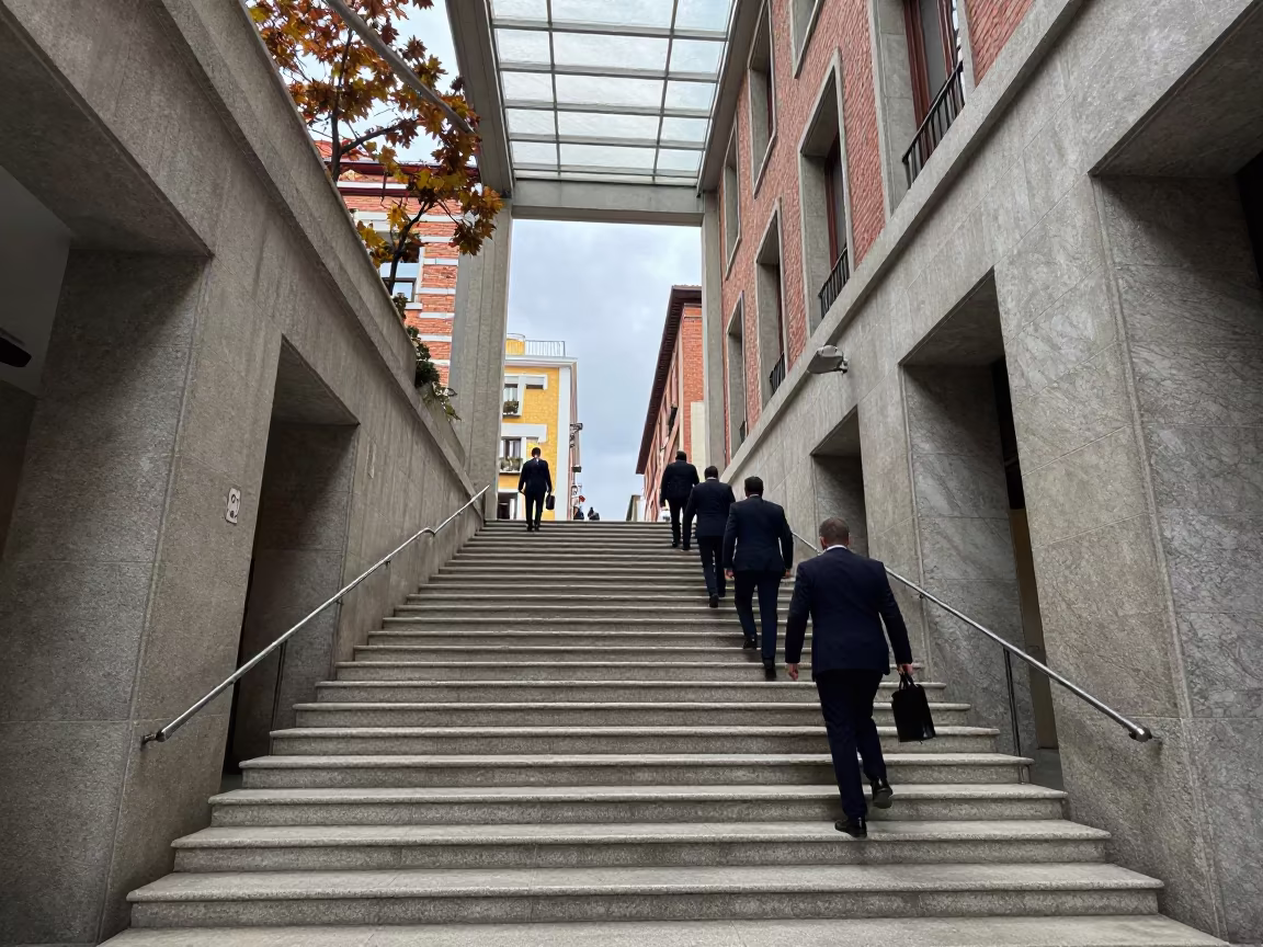 Madrid Courthouse Lawyers Under Autumn Skylight in in a community center hall near Barrio de las Letras, Madrid