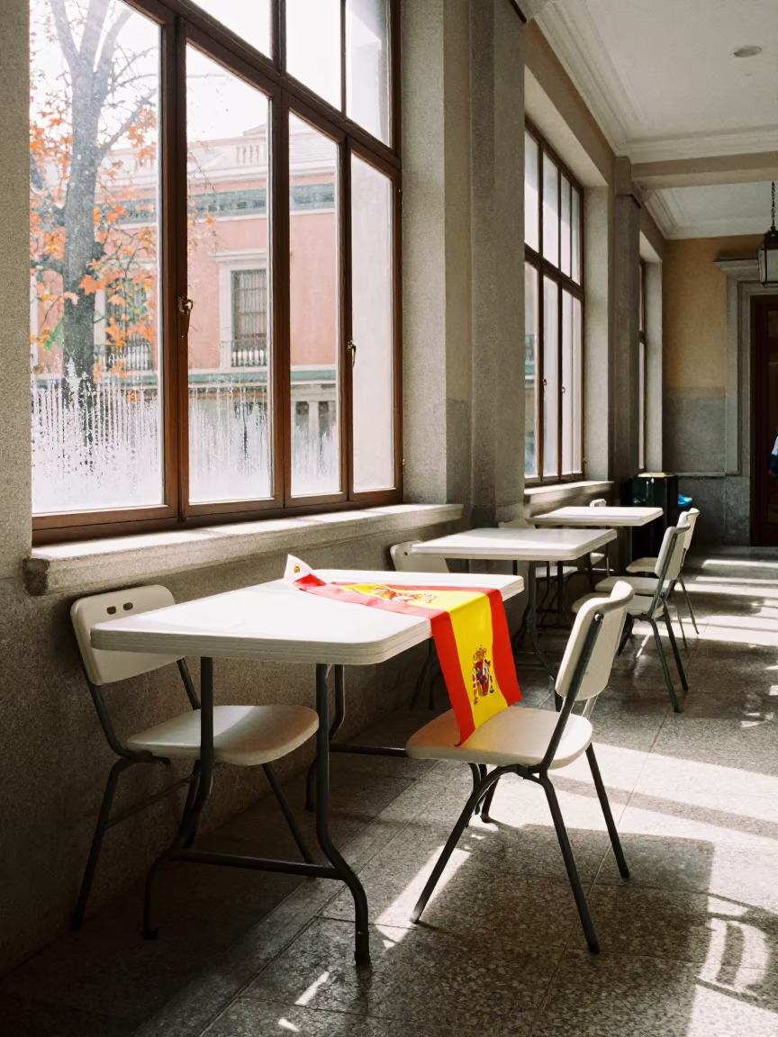 Madrid Courthouse Petition Drive Tables in in a courthouse corridor near Madrid