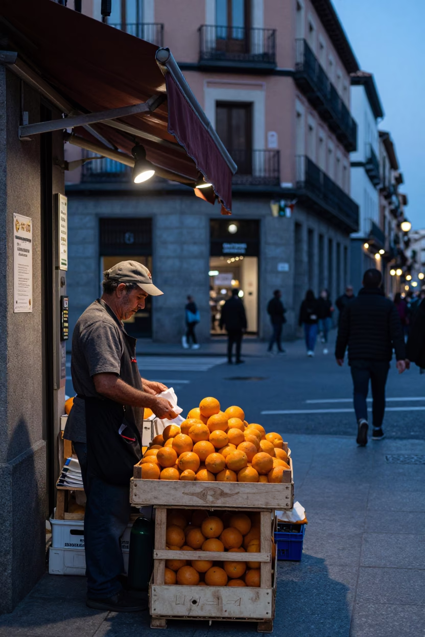 Madrid evening blue hour street scene with oranges and casual local interaction in in Madrid, Spain