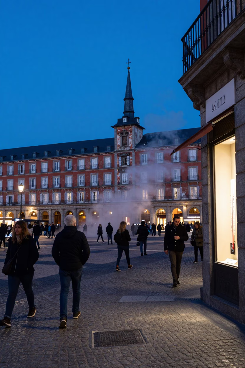 Madrid Evening Blue Hour Street Scene with Steam and Urban Details in in Madrid, Spain
