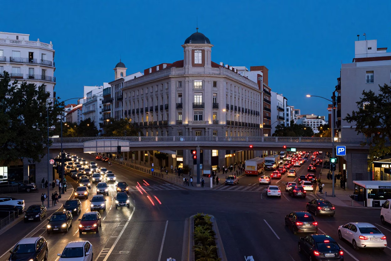 Madrid Evening Blue Hour Traffic and Urban Drainage Details in in Madrid, Spain