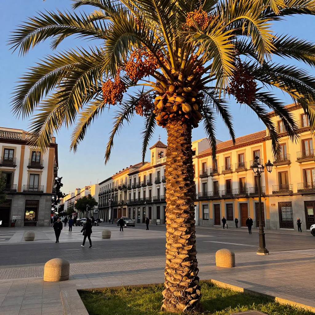 Madrid Evening Light Captures Palm Fronds and Street Life in 1980s Spain in in Madrid, Spain