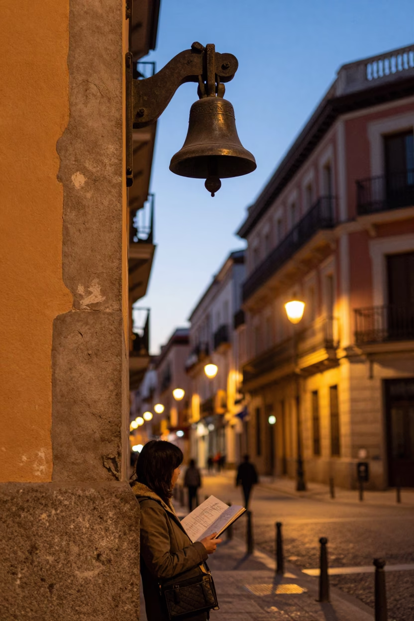 Madrid Evening Street Scene with Bell and Sketchbook at Dusk in in Madrid, Spain