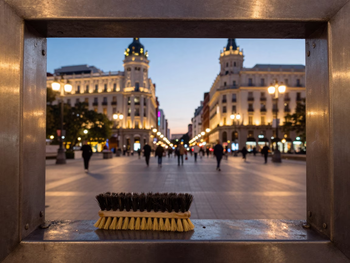 Madrid Evening Street Scene With Brushed Steel Frame And Diamond Ring in in Madrid, Spain