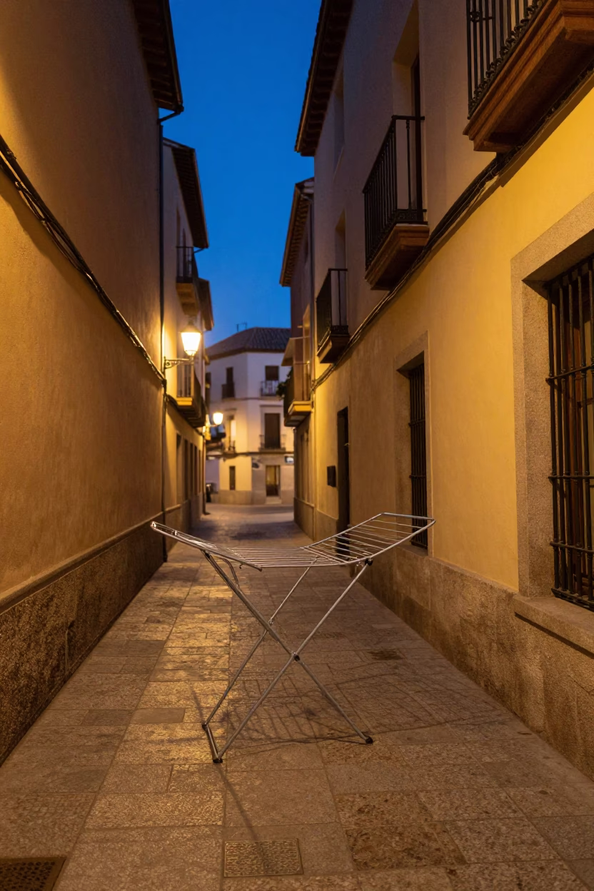 Madrid Evening Street Scene with Drying Rack and Wall Hook in in Madrid, Spain