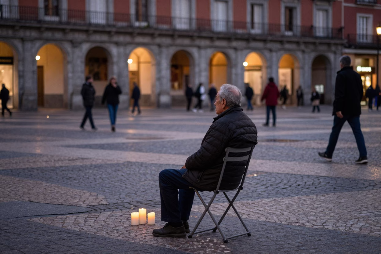 Madrid Evening Street Scene with Folding Chair and Candlesticks in Plaza in in Madrid, Spain