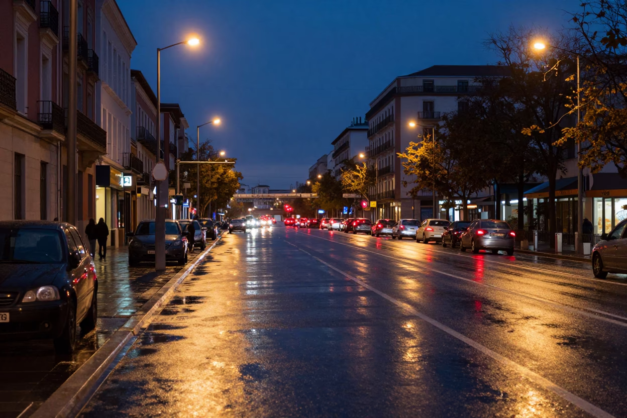 Madrid Evening Street Scene with Glowing Taillights on Wet Asphalt and Traditional Architecture in in Madrid, Spain