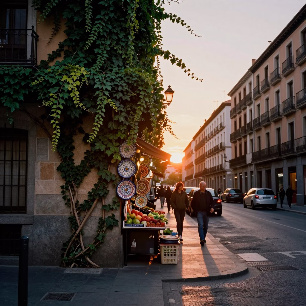 Madrid Evening Street Scene with Ivy Vines and Local Market Activity in in Madrid, Spain