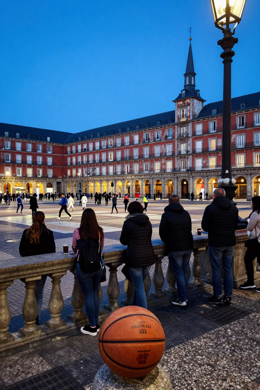 Madrid Evening Street Scene with Leather Basketball and Local Interaction in in Madrid, Spain