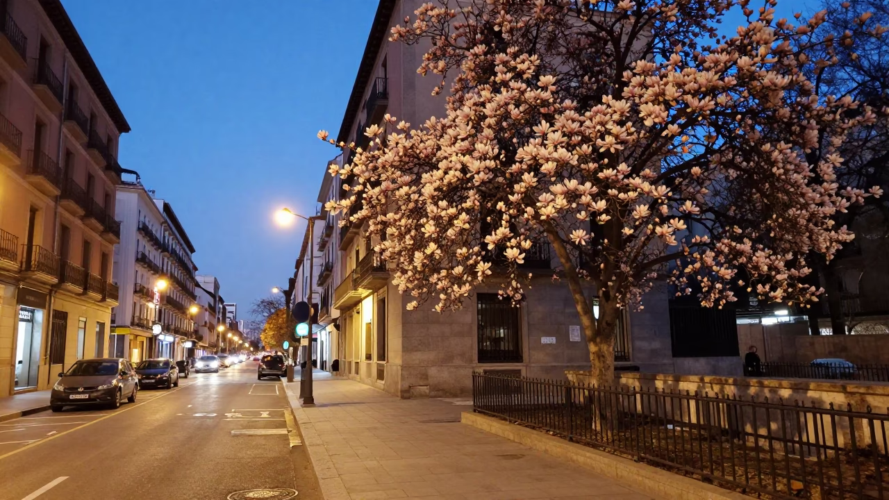 Madrid Evening Street Scene with Magnolia Tree and City Lights Glow in in Madrid, Spain