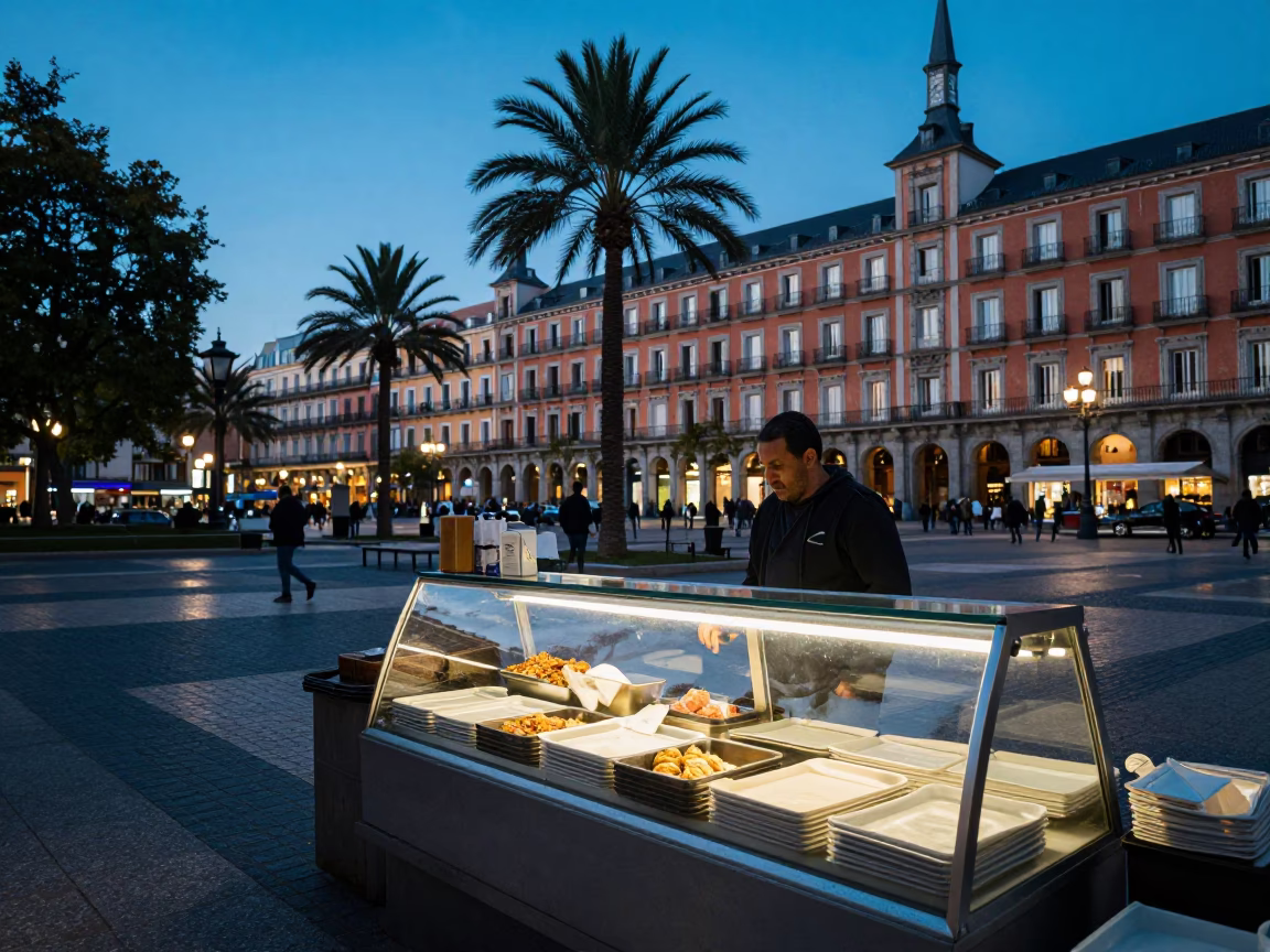 Madrid Evening Street Scene with Palmiers and Urban Architecture in in Madrid, Spain