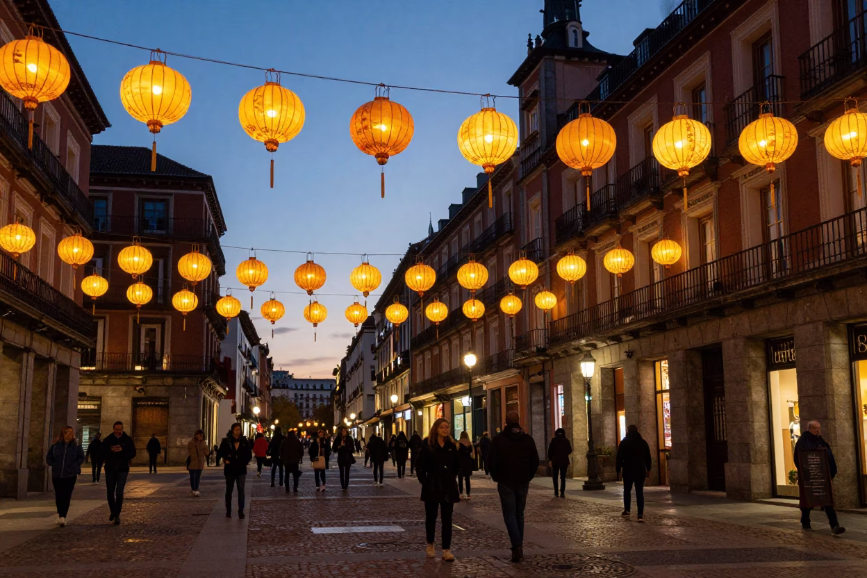 Madrid Evening Street Scene with Paper Lanterns and City Lights in in Madrid, Spain
