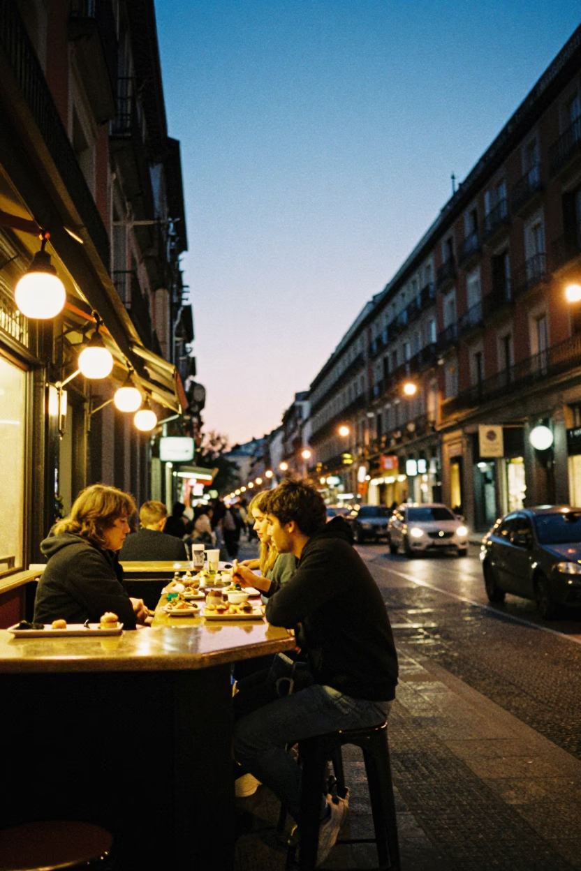 Madrid Evening Street Scene with Pintxos Bar Counter and City Lights Glow in in Madrid, Spain