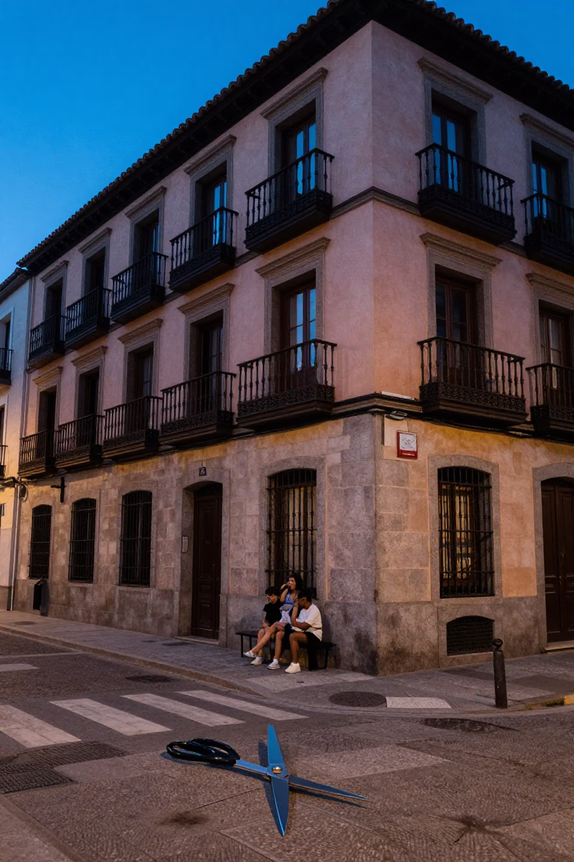 Madrid Evening Street Scene with Sewing Scissors and Pin Cushion on Balcony in in Madrid, Spain