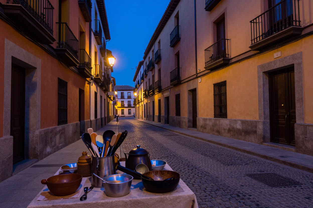 Madrid Evening Street Scene with Traditional Kitchen Utensils and Lived-In Local Life in in Madrid, Spain