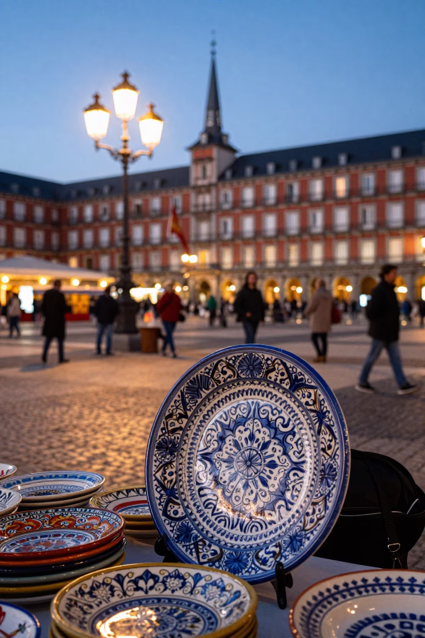 Madrid Evening Street Scene with Vintage Italian Majolica Plate and Wicker Shadow in in Madrid, Spain