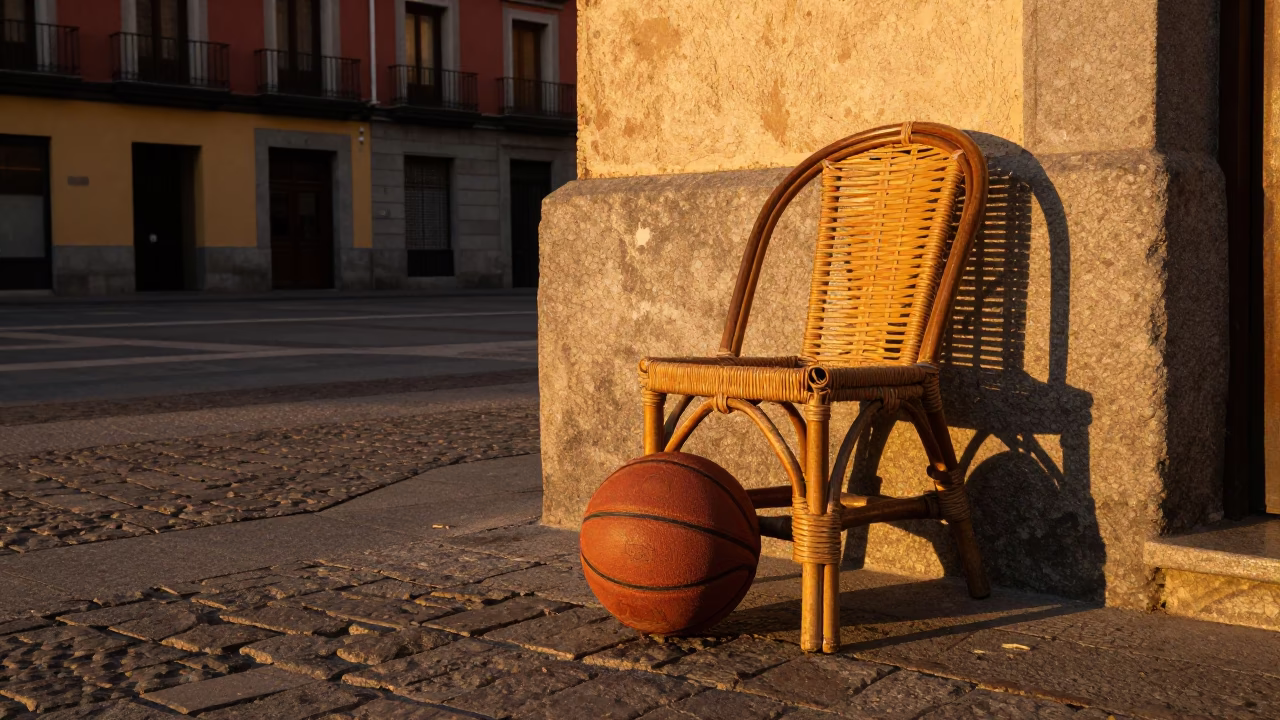 Madrid Evening Street Scene with Vintage Leather Basketball and Rattan Chair in in Madrid, Spain
