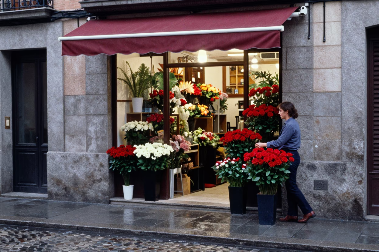 Madrid Florist Shop Front First Light After Rain in in Madrid, Spain
