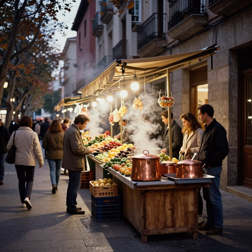 Madrid Fruit Stalls Under String Lights at Dusk in at a roadside fruit stand in Barrio de las Letras, Madrid