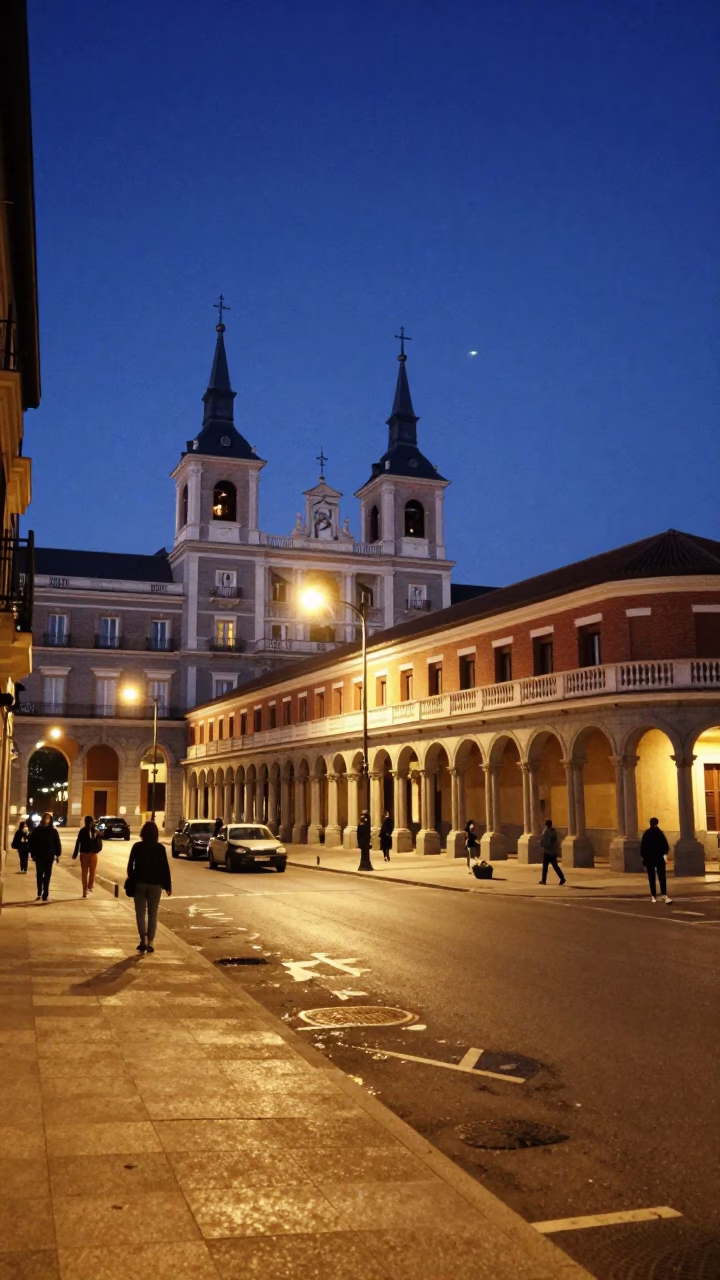 Madrid Indigo Twilight Street Scene with University Cloister Walkway and Street Vendor in in Madrid, Spain