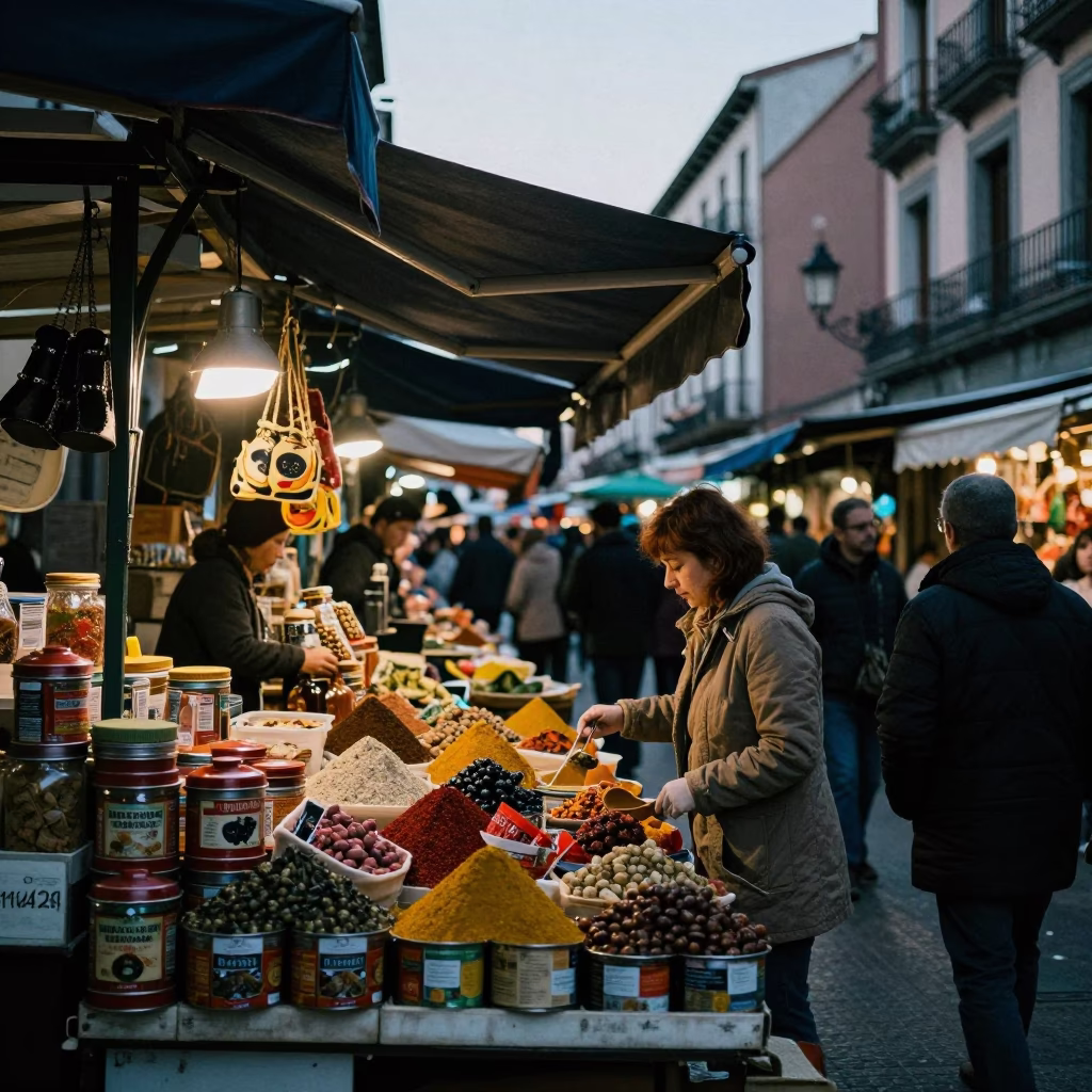 Madrid Market Stall Before Dawn with Spice Tins and Blue Porcelain in in Madrid, Spain