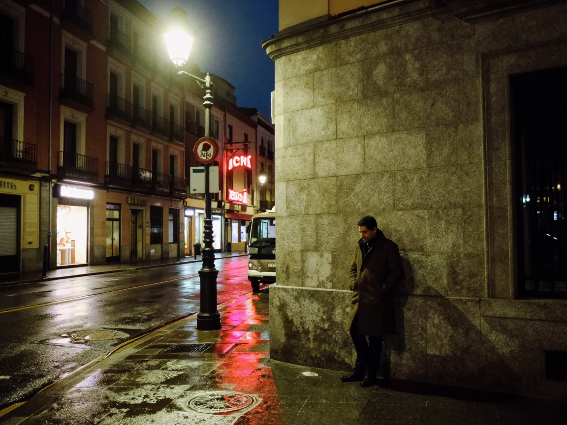 Madrid Midnight Street Scene with Vintage Neon and Urban Details in in Madrid, Spain