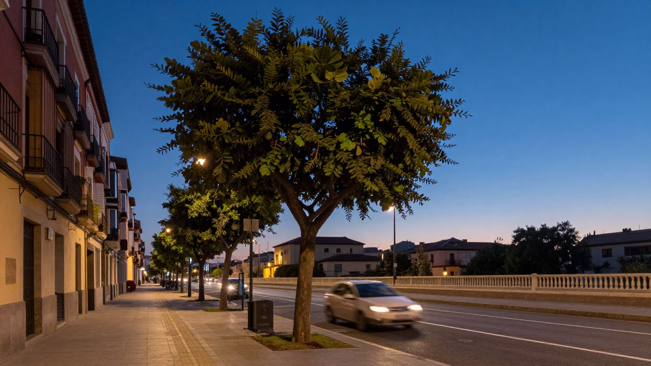 Madrid Nautical Dawn Street Scene with Fig Tree and Glass Bottles in in Madrid, Spain