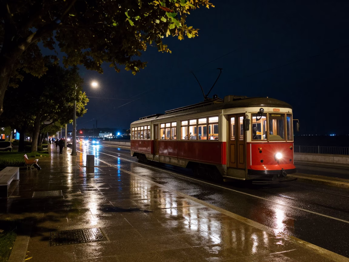 Madrid Night Scene With Heritage Tram And Leaf Shadows On Rail Under Deep Sky in in Madrid, Spain
