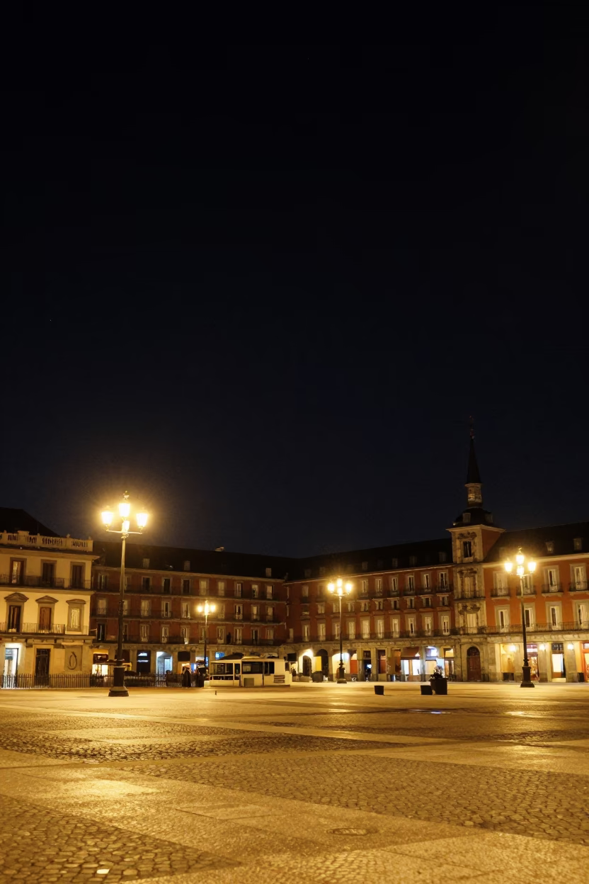Madrid Night Sky Over Historic Plaza With Streetlights And Urban Architecture in in Madrid, Spain